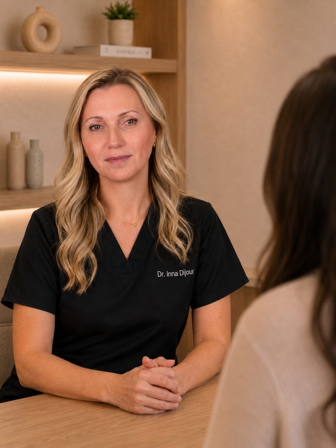 Dr. Inna Dijour seated across from a patient in a calm, modern dental office